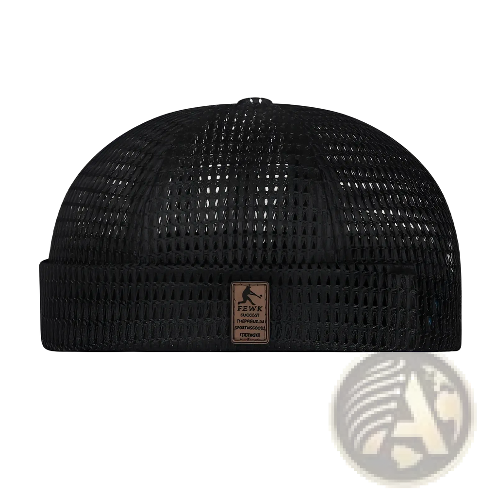 Black mesh baseball cap with ribbed brim and brown leather fewk logo patch for women summer hat use