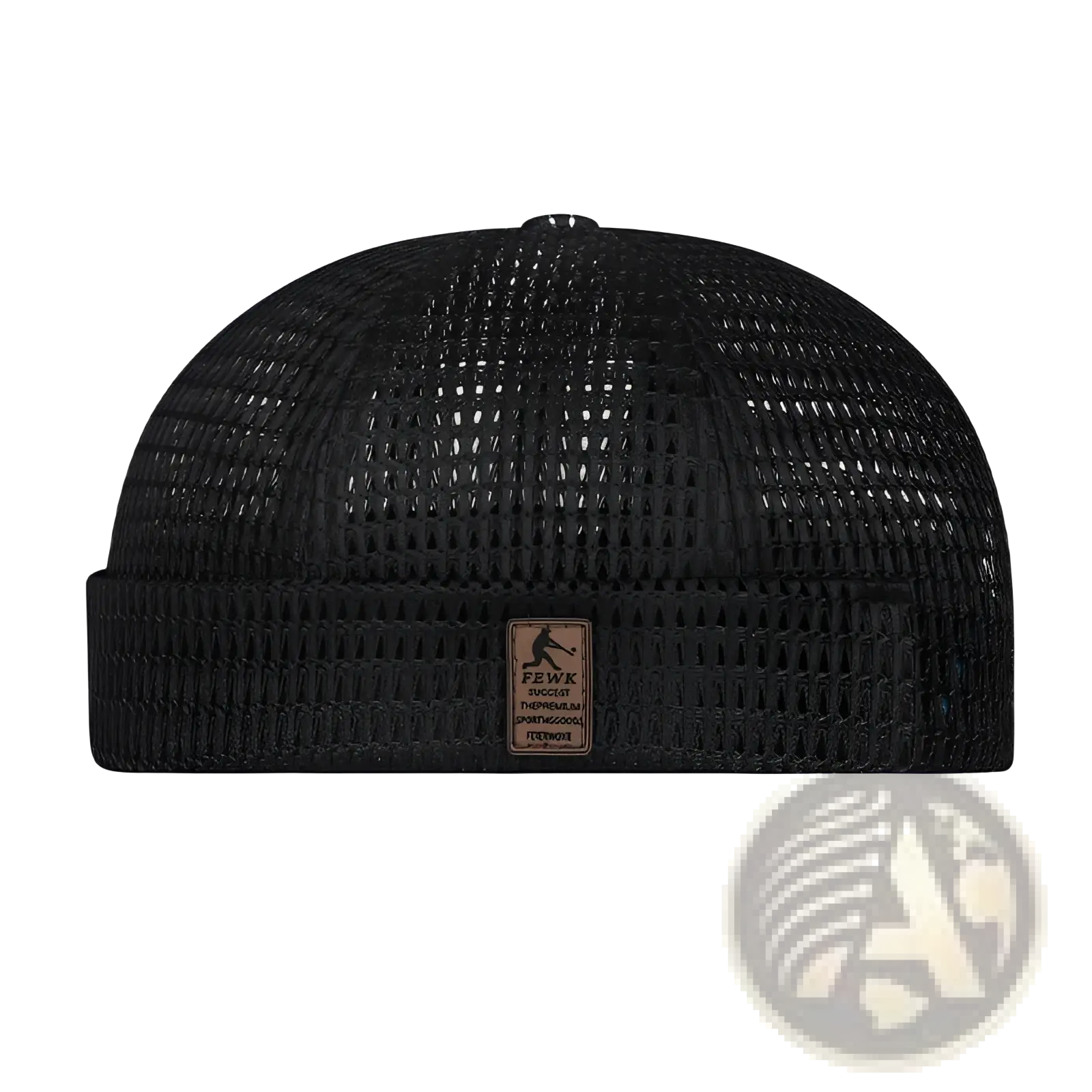 Black mesh baseball cap with ribbed brim and brown leather fewk logo patch for women summer hat use