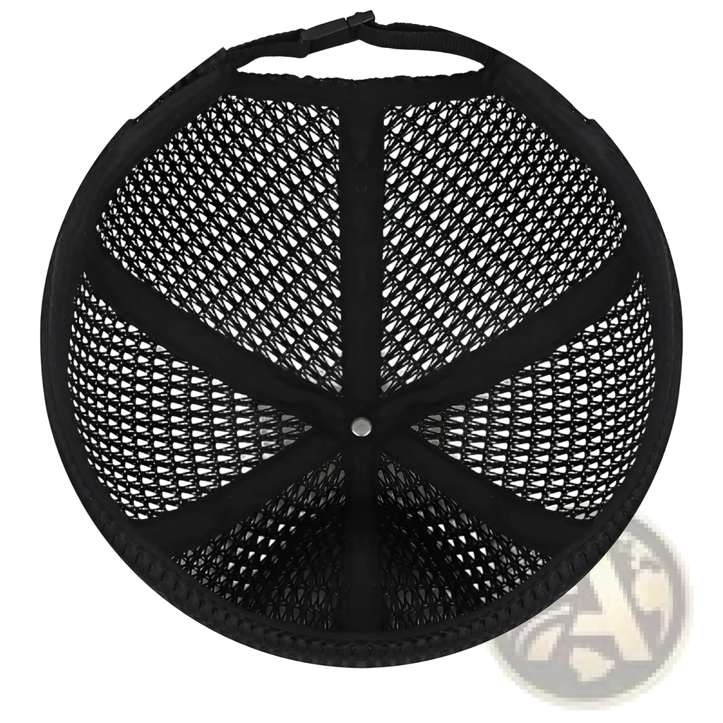 Black mesh baseball cap with adjustable strap and reinforced fabric panels for summer women hat visible from back side