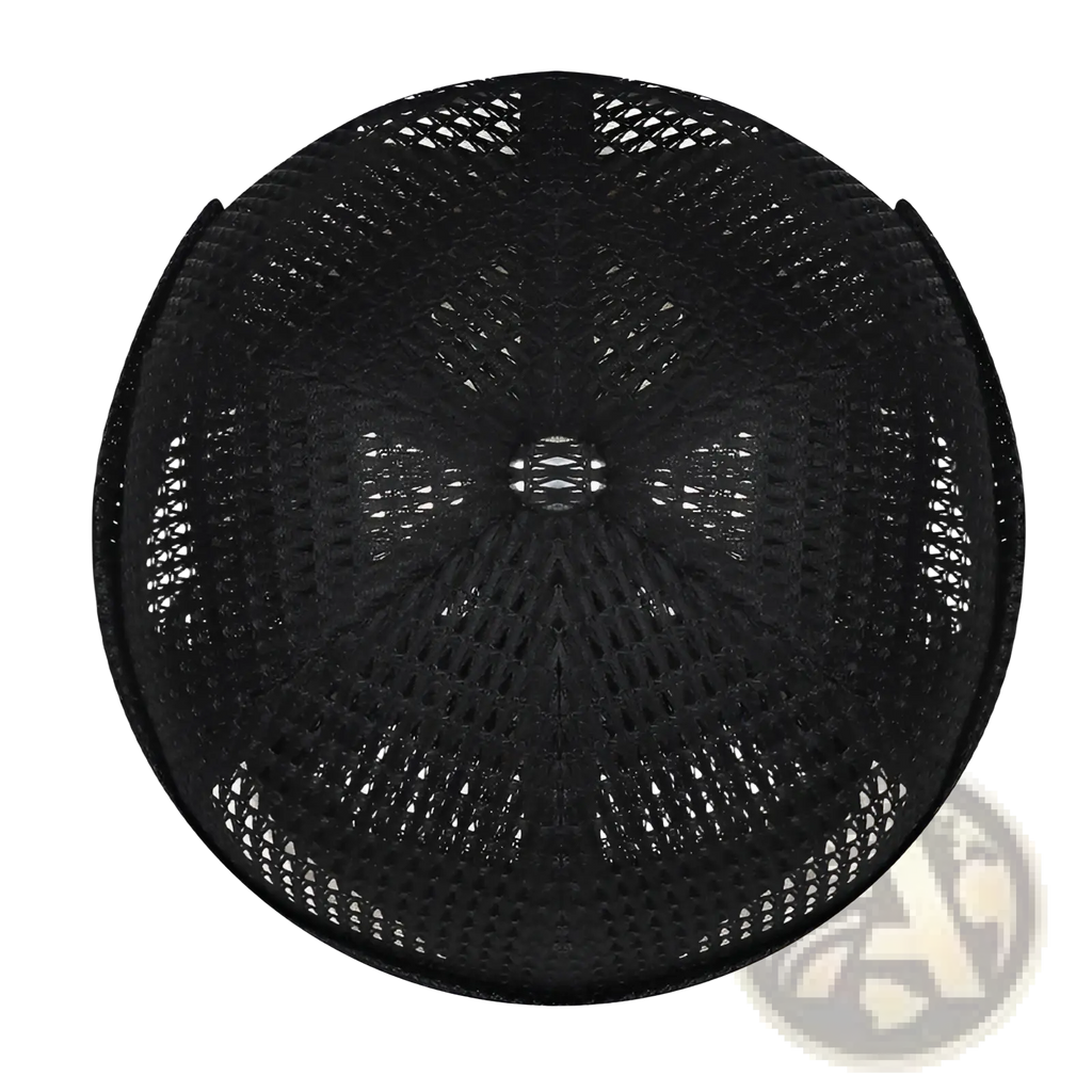 Light gray mesh baseball cap for women with breathable fabric and black woven circular hanging basket with geometric pattern
