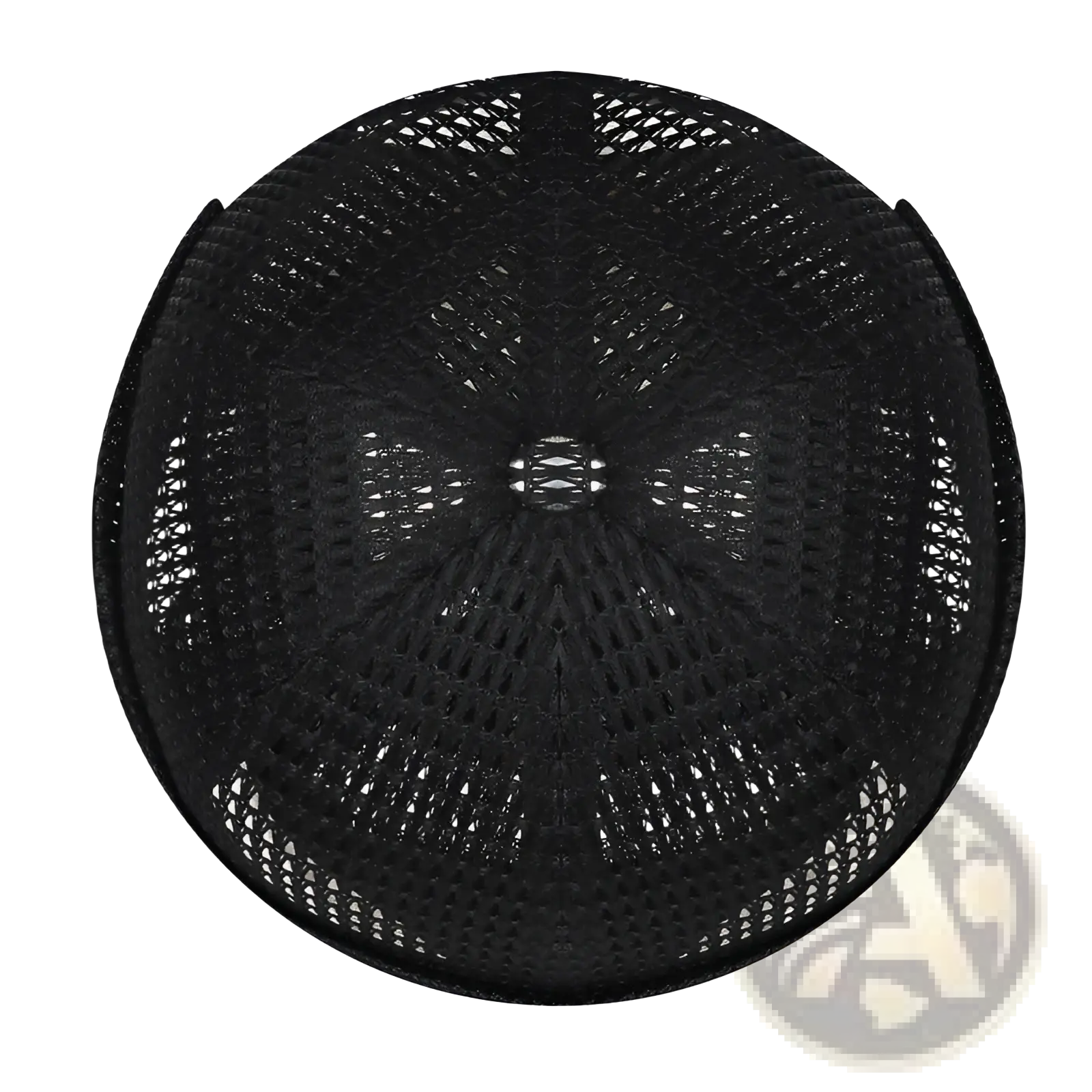 Light gray mesh baseball cap for women with breathable fabric and black woven circular hanging basket with geometric pattern