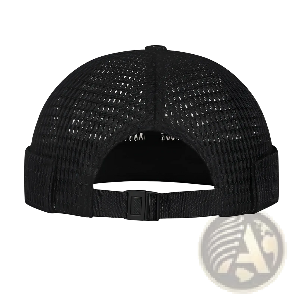Black mesh trucker hat with folded brim and adjustable strap shown from the back in a light gray mesh baseball cap style