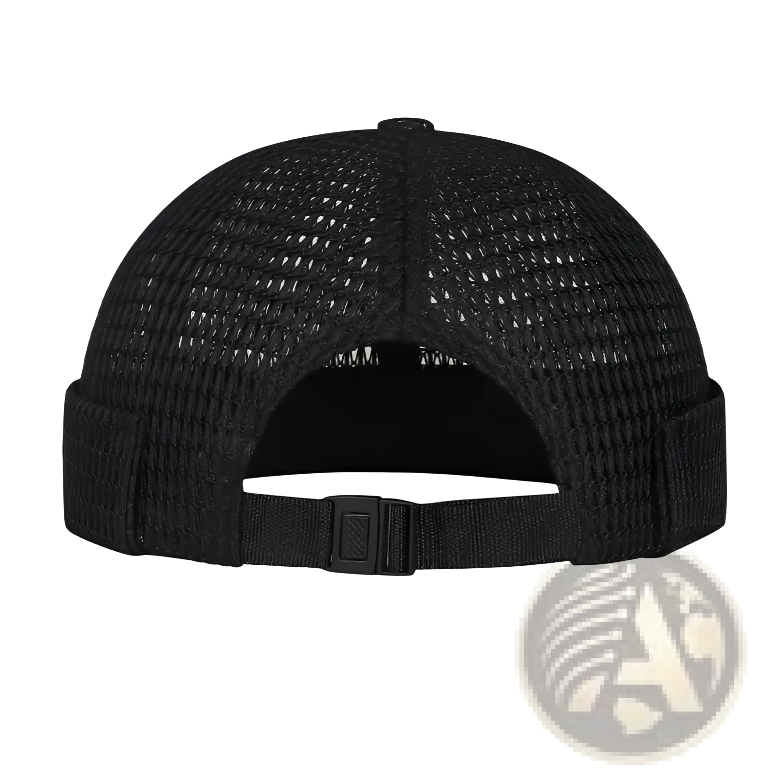 Black mesh trucker hat with folded brim and adjustable strap shown from the back in a light gray mesh baseball cap style