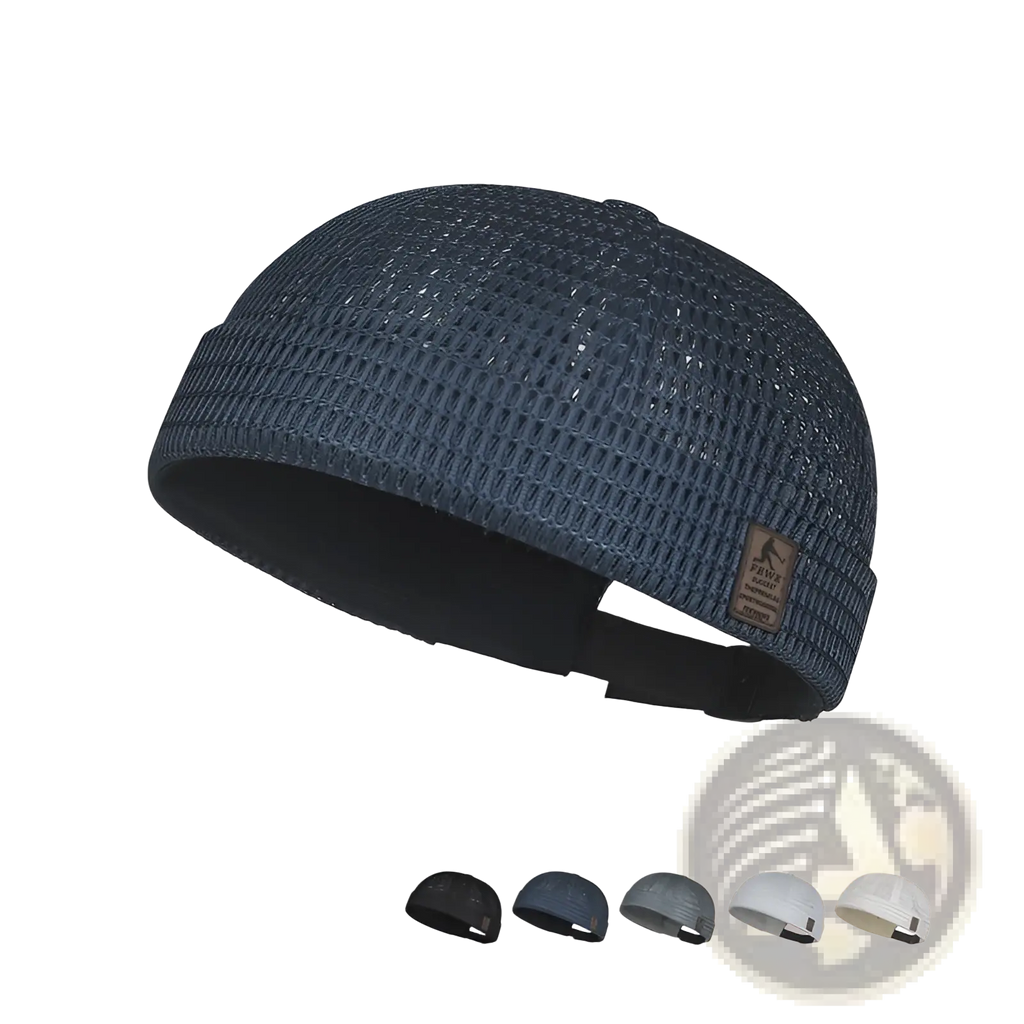 Dark blue knitted beanie with textured woven pattern and black adjustable strap shown from the back side