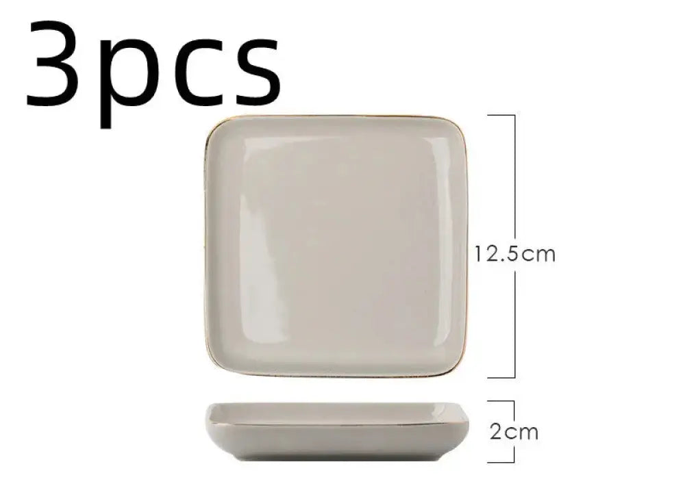 Set of three square matte beige ceramic plates with subtle gold rim from luxury pink and gold script couple dinnerware set