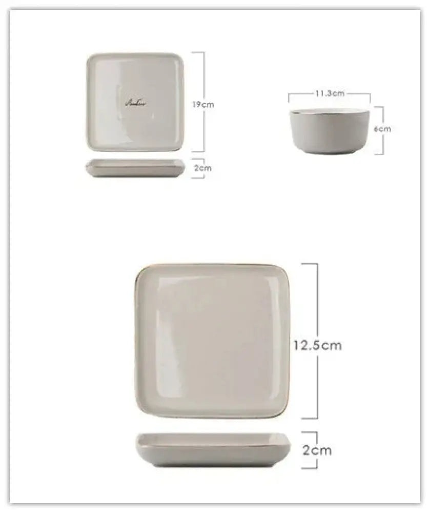 Beige square ceramic dinnerware set with matching saucers and bowl from luxury pink and gold script ceramic couple set