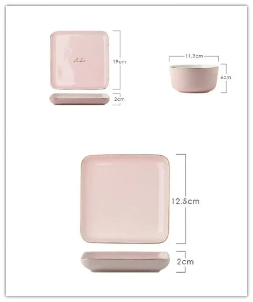 Luxury pink and gold script ceramic couple dinnerware set featuring pink square ceramic plates with glossy finish and saucers
