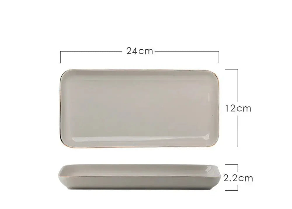 A sleek rectangular ceramic serving tray with matte gray finish and rounded edges from luxury pink and gold script ceramic couple dinnerware set