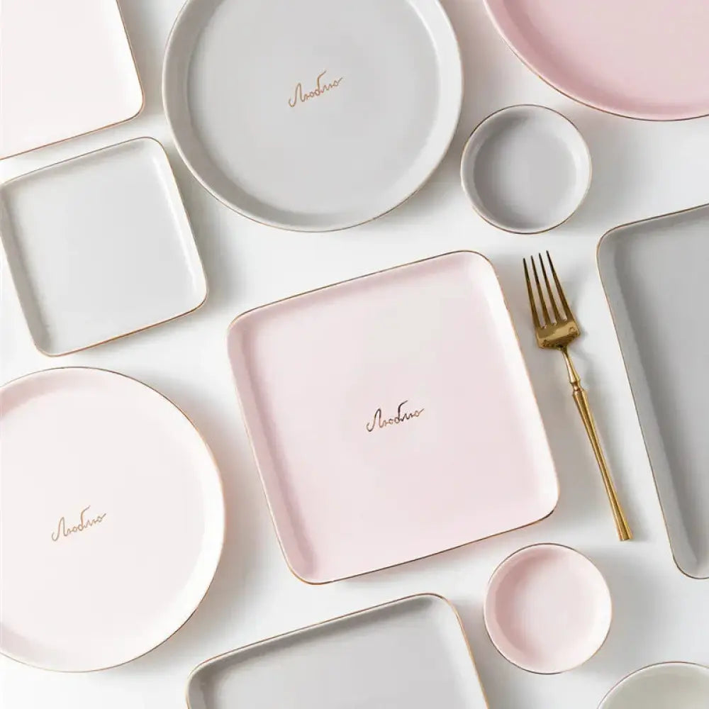 Luxury pink and gold script ceramic square plate with gold-trimmed edges from the couple dinnerware set modine