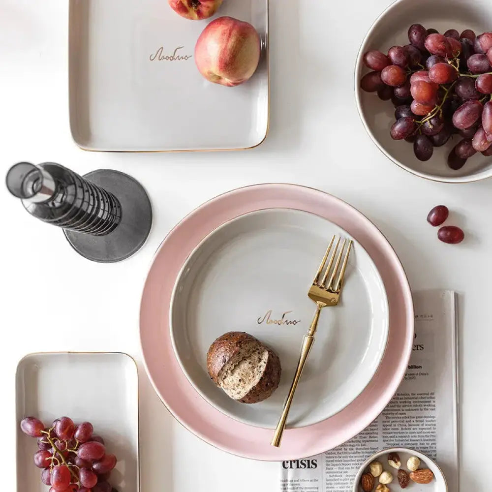 Luxury pink and gold ceramic plate with gold rim and aodine script from couple dinnerware set