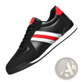 Light running casual women’s fashion sneaker in black leather with bold red and white side stripes and red heel tab