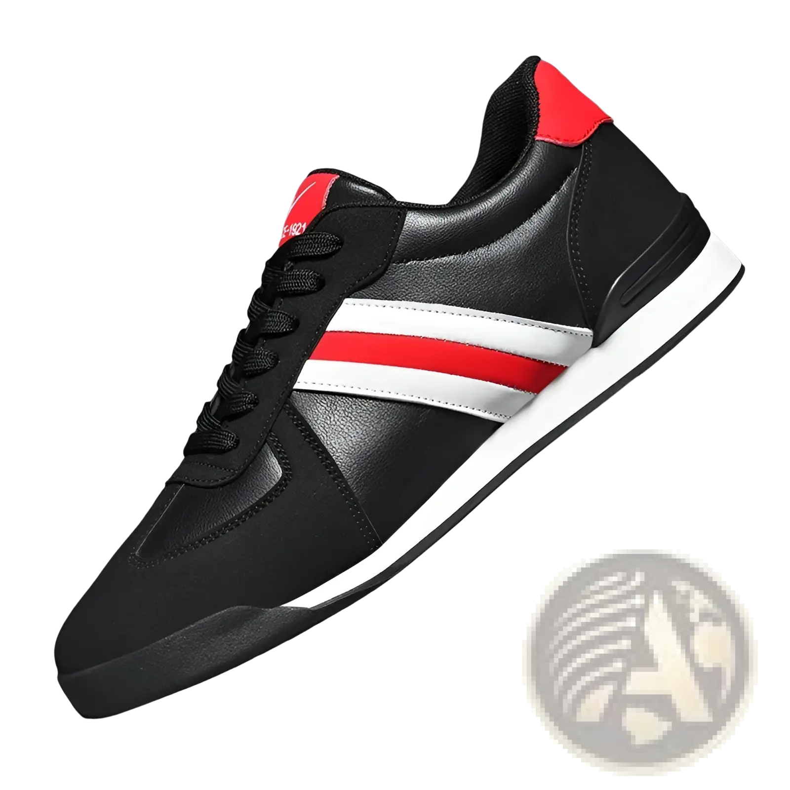 Light running casual women’s fashion sneaker in black leather with bold red and white side stripes and red heel tab