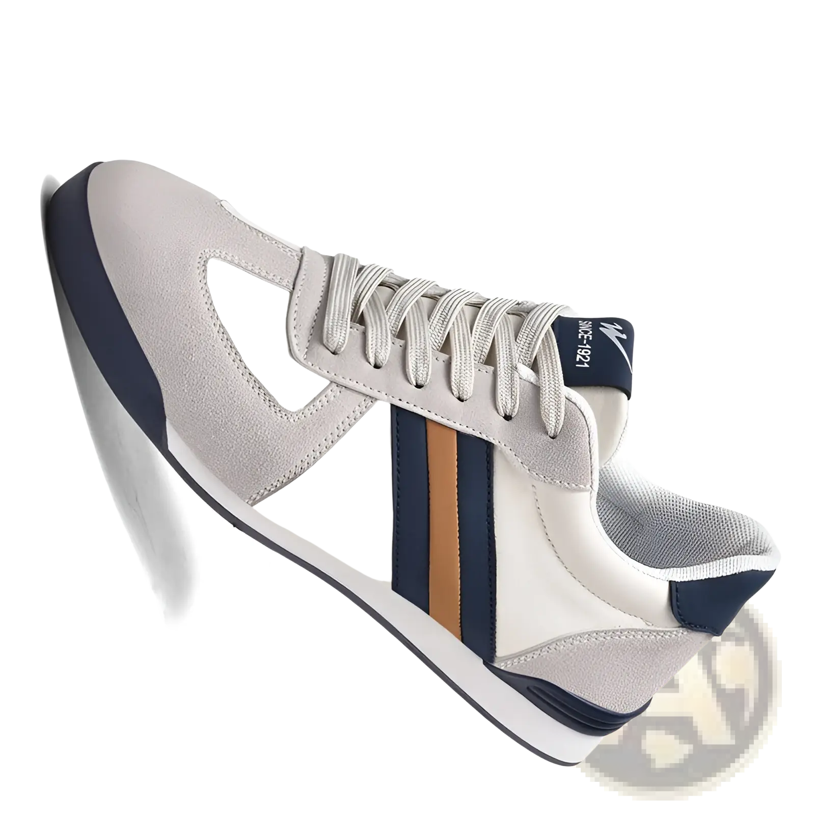 Light running casual women’s fashion sneaker in gray and white suede with navy blue and tan stripes and classic design
