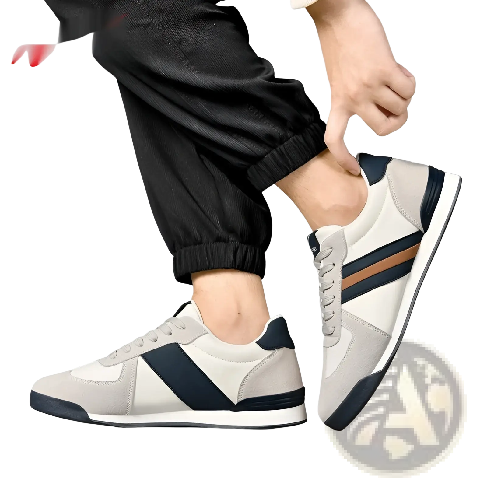 Light running casual women’s fashion sneakers in beige and navy blue with suede and canvas upper and tan side stripes