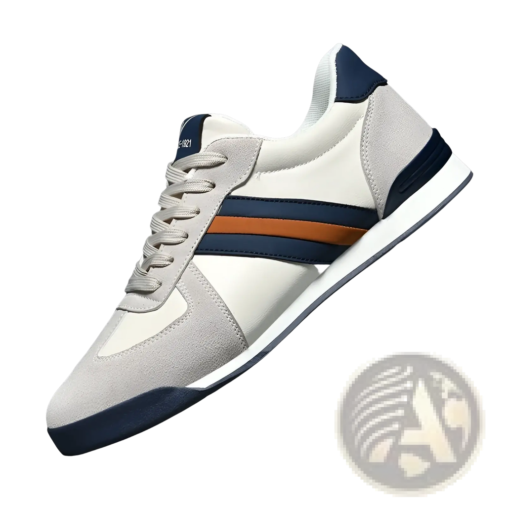 Light running casual women’s fashion sneaker in light gray suede and white leather with navy and orange accents