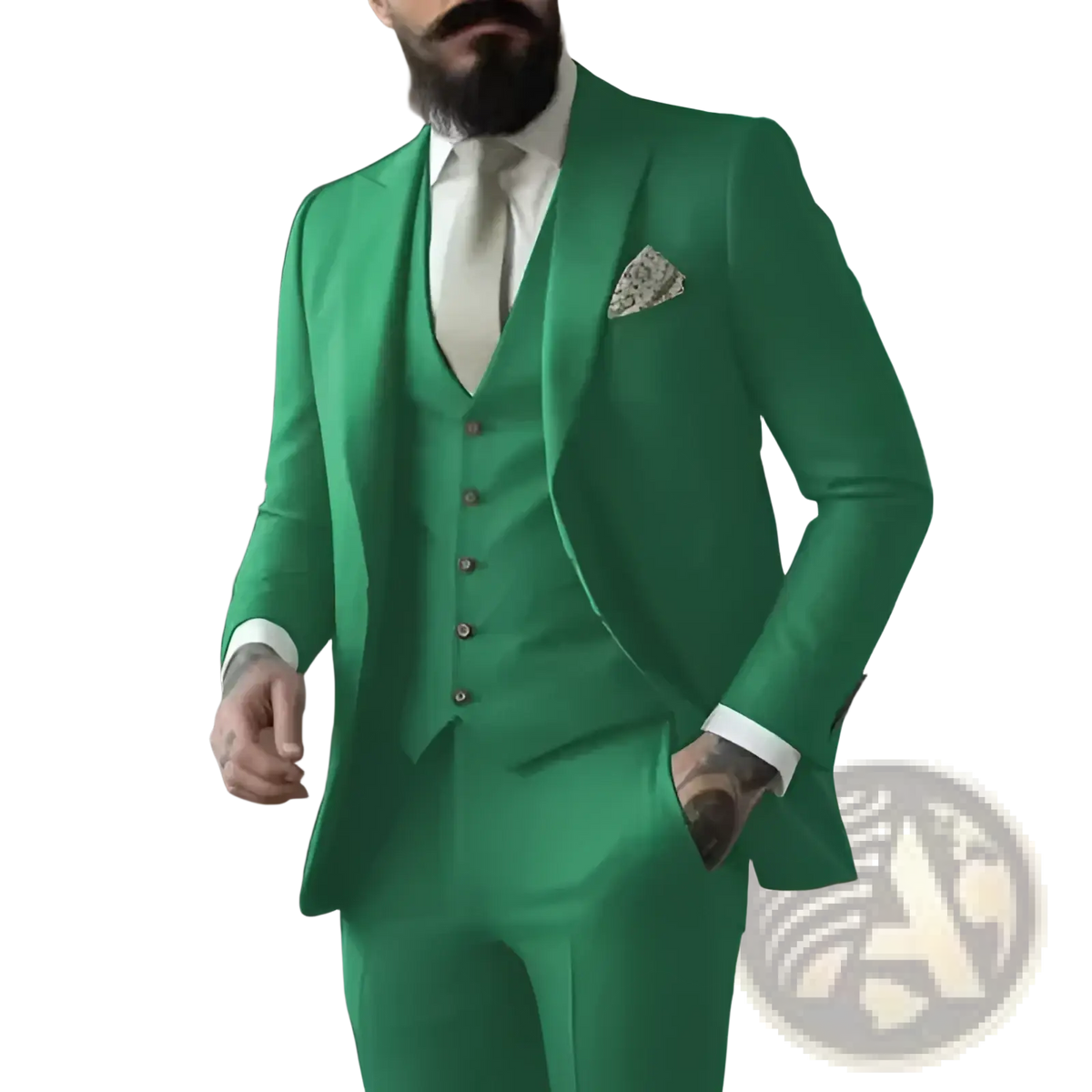 A sharp tailored light sage green three piece suit for men with subtle texture and vibrant finish