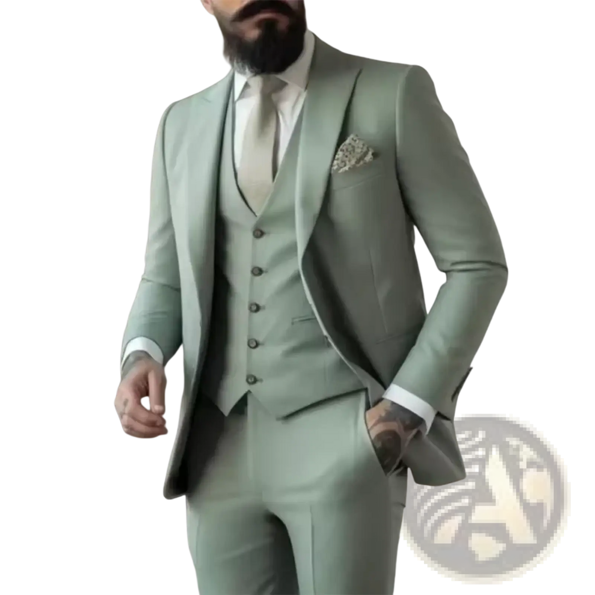 Light sage green three piece suit for men with tailored fit and subtle texture in a sleek design