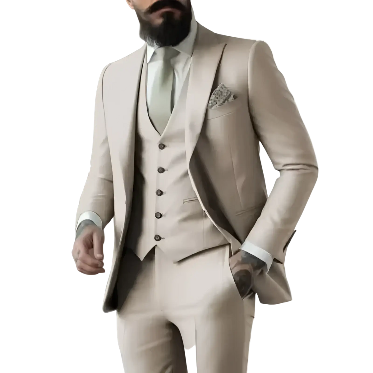 Beige three-piece suit for men with matching vest and trousers featuring a subtle textured weave