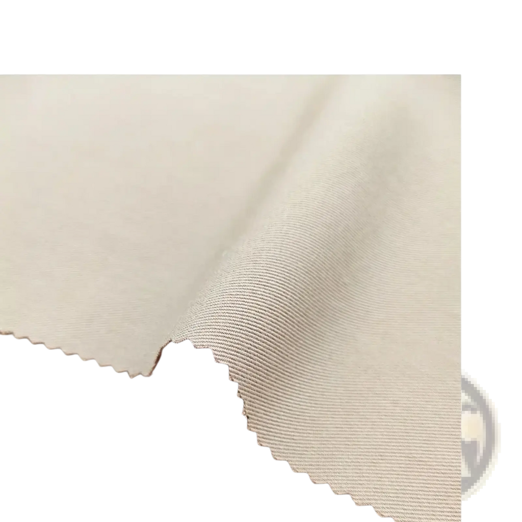 Light sage green three piece suit for men made of beige twill serge fabric with subtle diagonal rib texture and scalloped edge