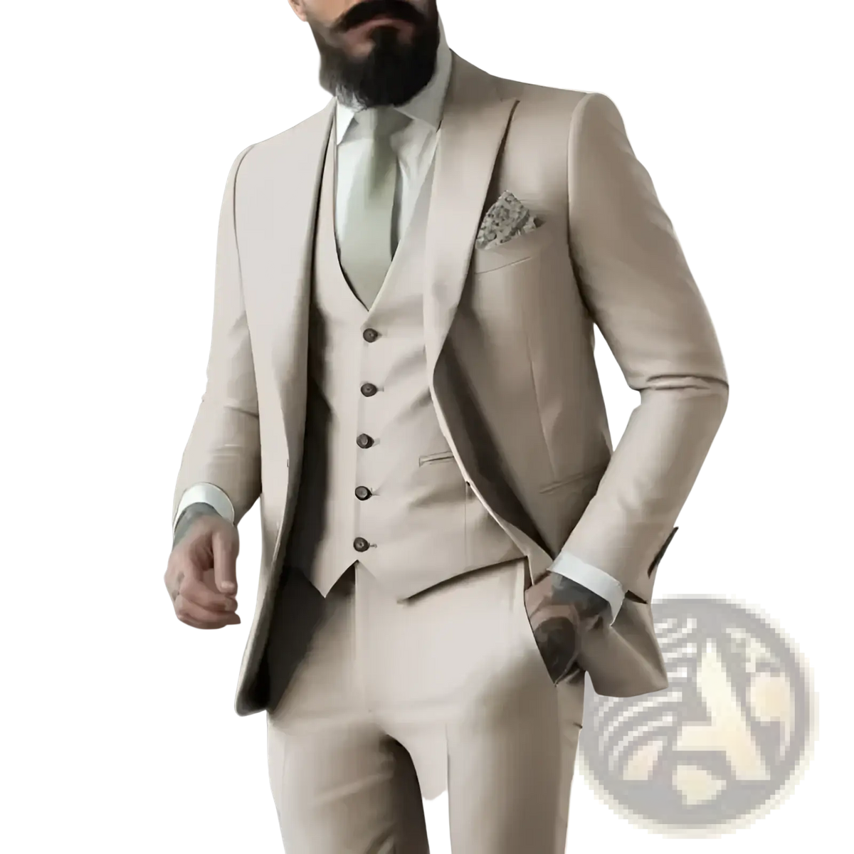 Beige three-piece suit for men with matching vest and trousers featuring a subtle textured weave