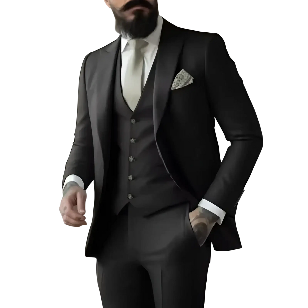 Light sage green three-piece suit for men with tailored fit blazer vest and matching trousers in black fabric