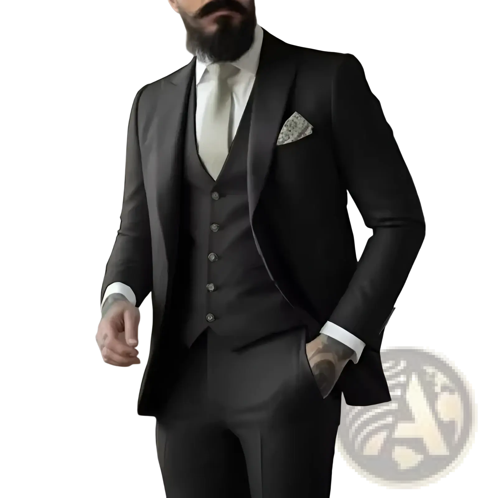 Light sage green three-piece suit for men with tailored fit blazer vest and matching trousers in black fabric
