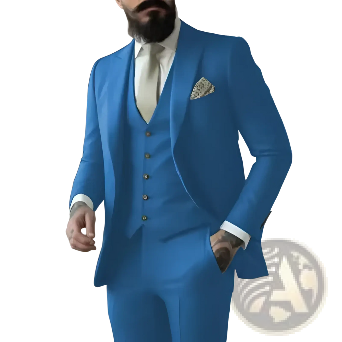 Light sage green three-piece suit for men featuring a tailored fit with sharp vibrant blue fabric and gold-toned buttons