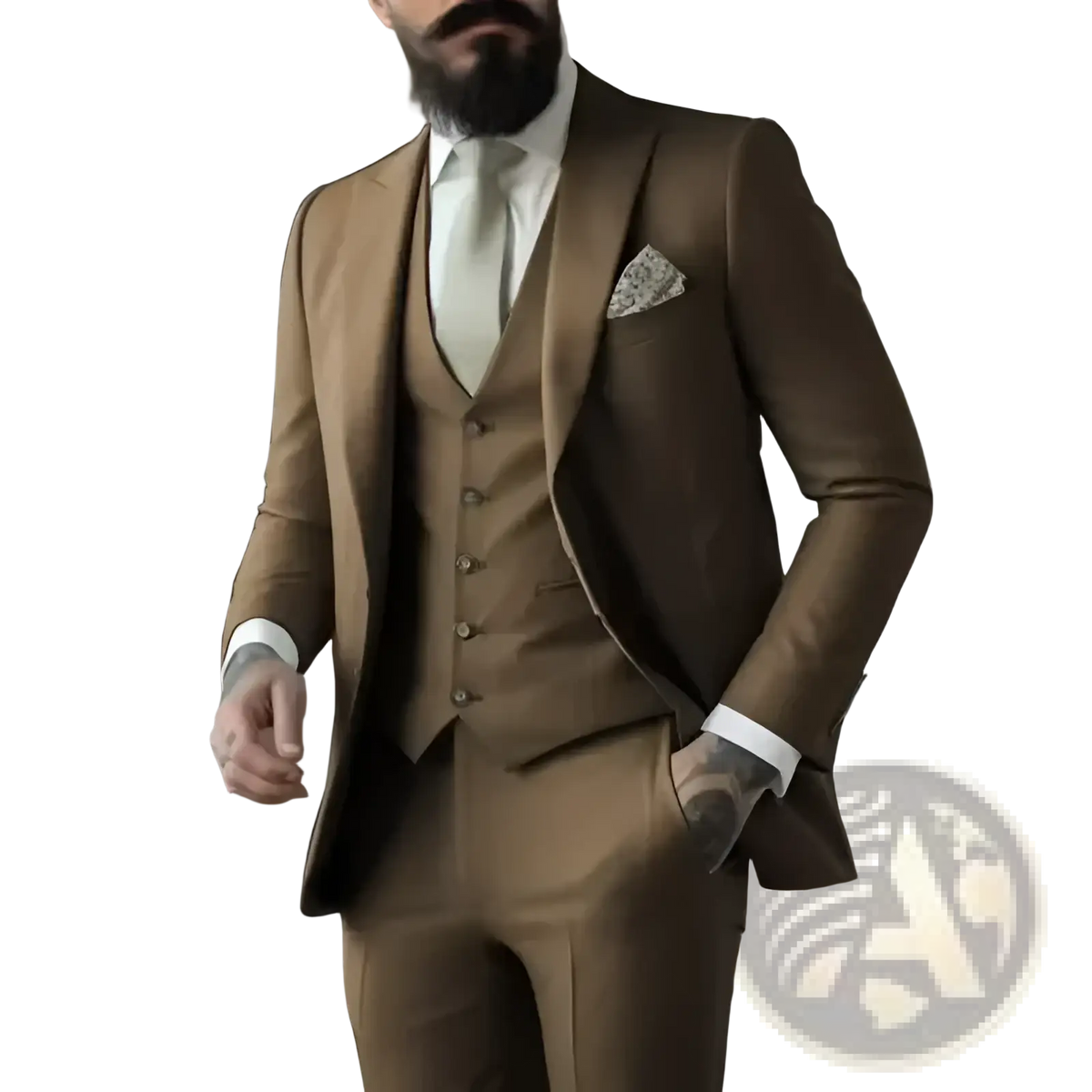 Light sage green three piece suit for men with tailored fit, matching vest and trousers, subtle texture, and elegant lapels