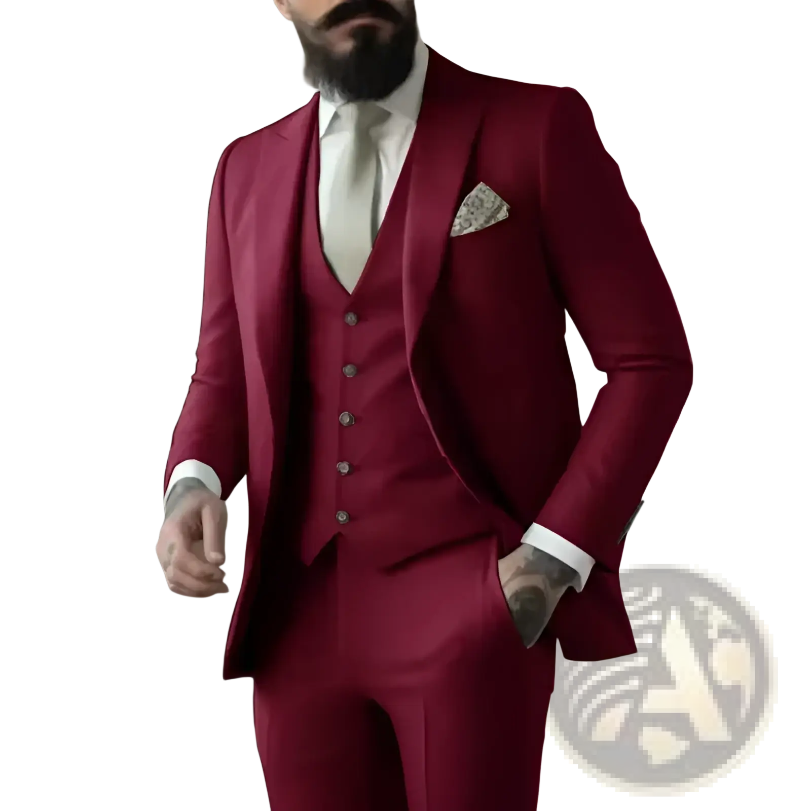 A tailored rich burgundy three-piece suit with matching vest and trousers for formal menswear