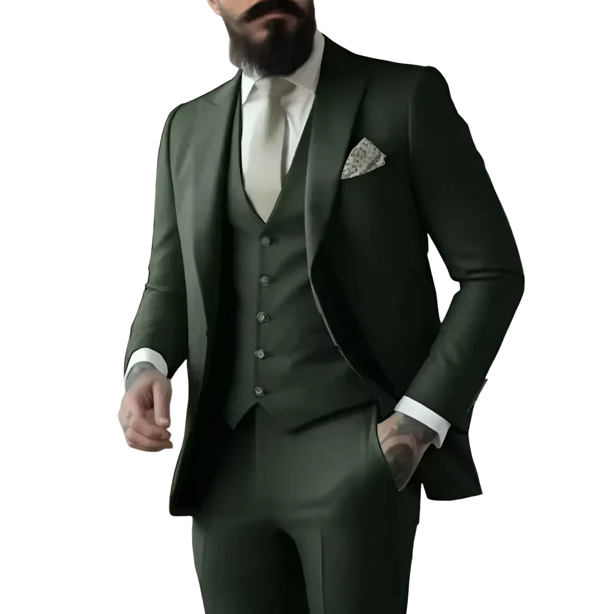 Dark green tailored three-piece suit for men featuring matching vest and trousers for formal occasions