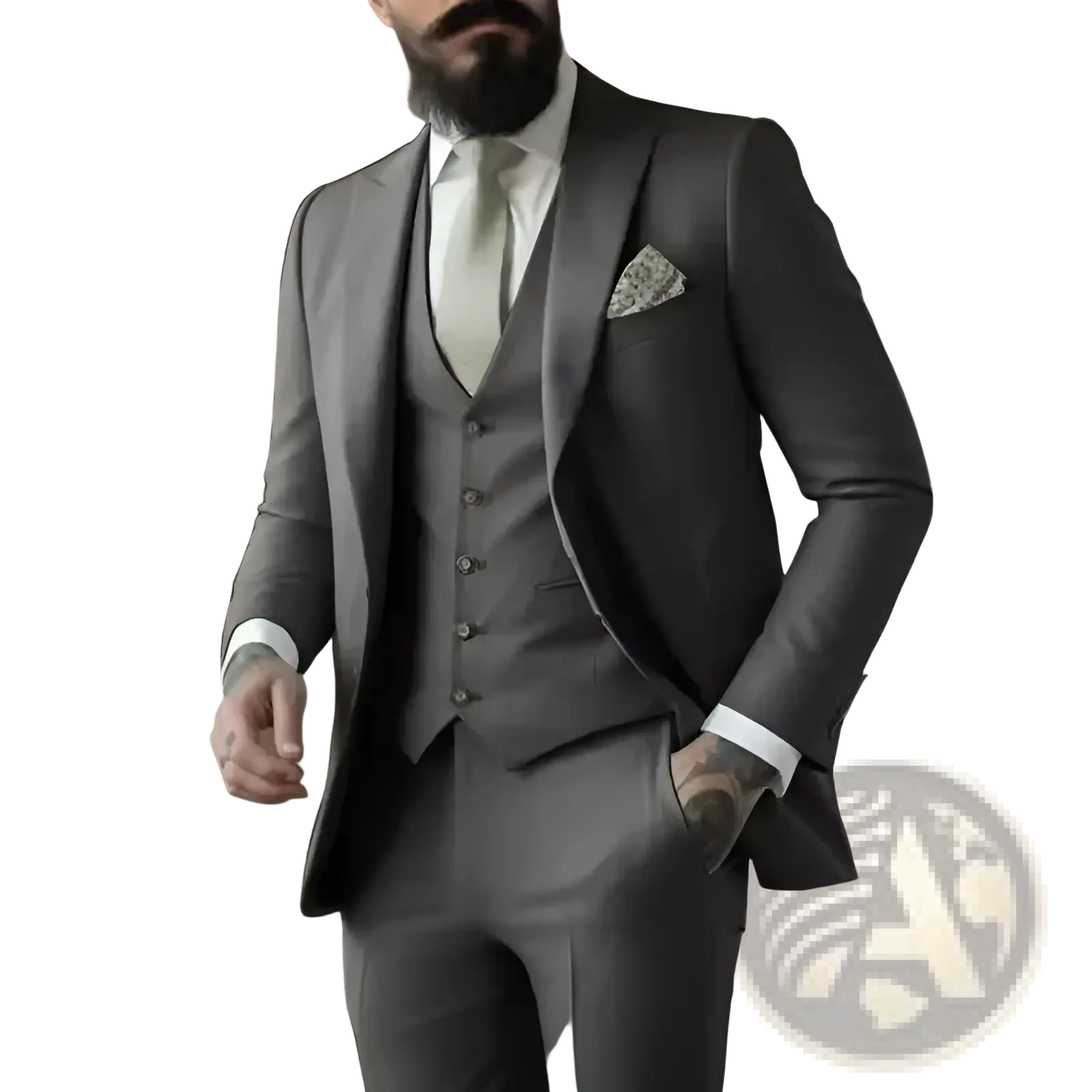 Light sage green three piece suit for men with subtle sheen charcoal gray fabric matching buttons and patterned pocket square