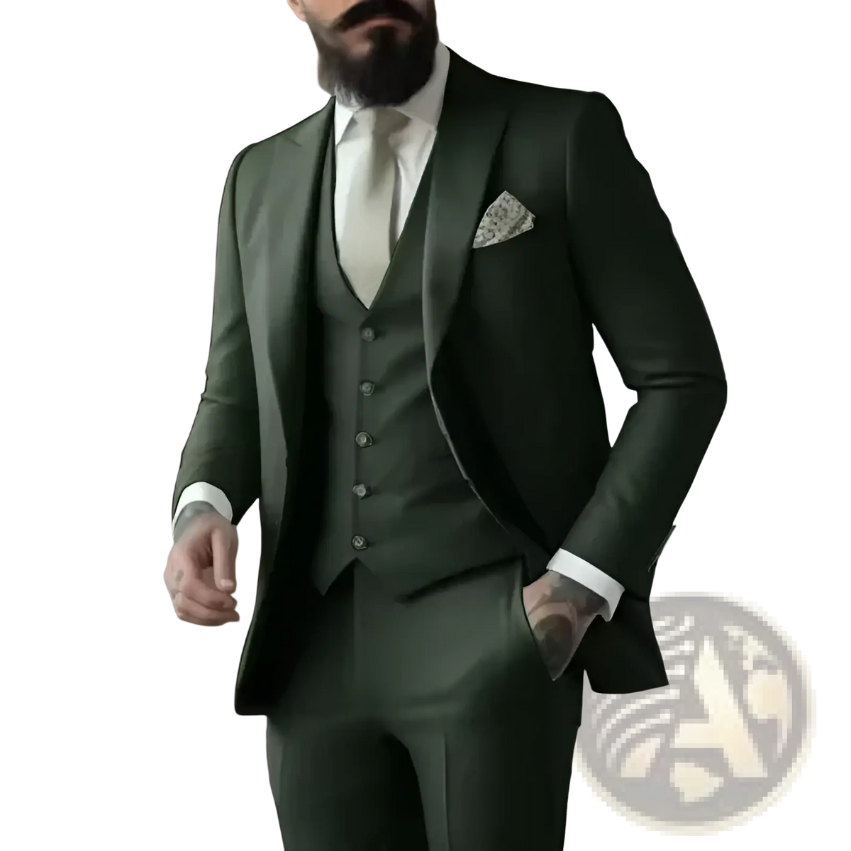 Dark green tailored three-piece suit for men featuring matching vest and trousers for formal occasions