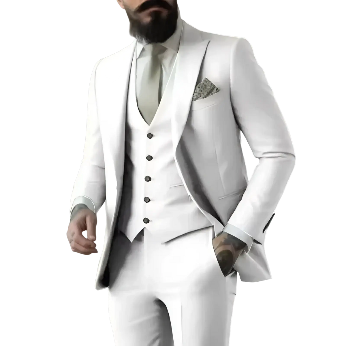 Elegant white three piece suit for men featuring a tailored blazer vest and trousers in light sage green fabric
