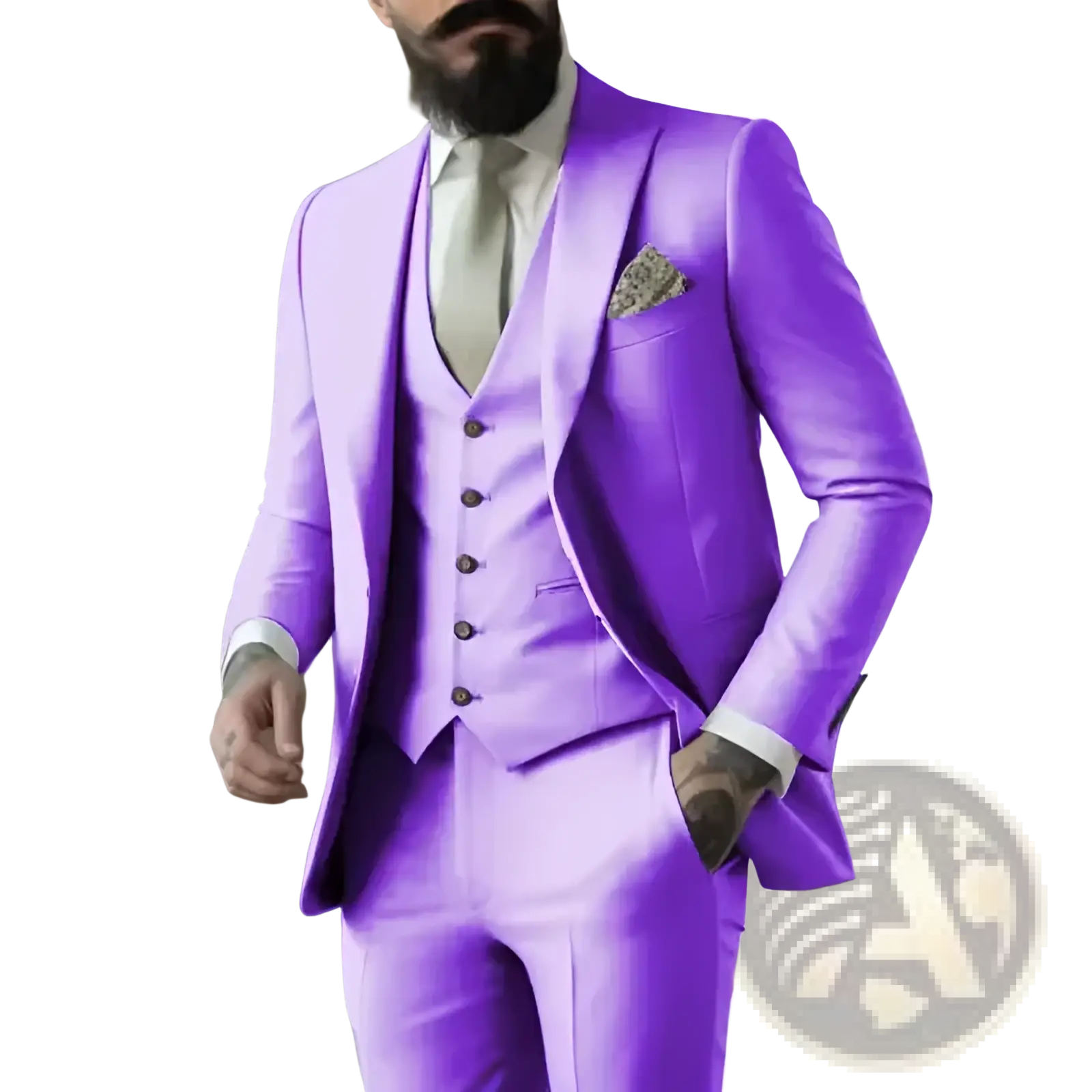 A vibrant purple three-piece suit for men featuring a sleek tailored fit with matching vest