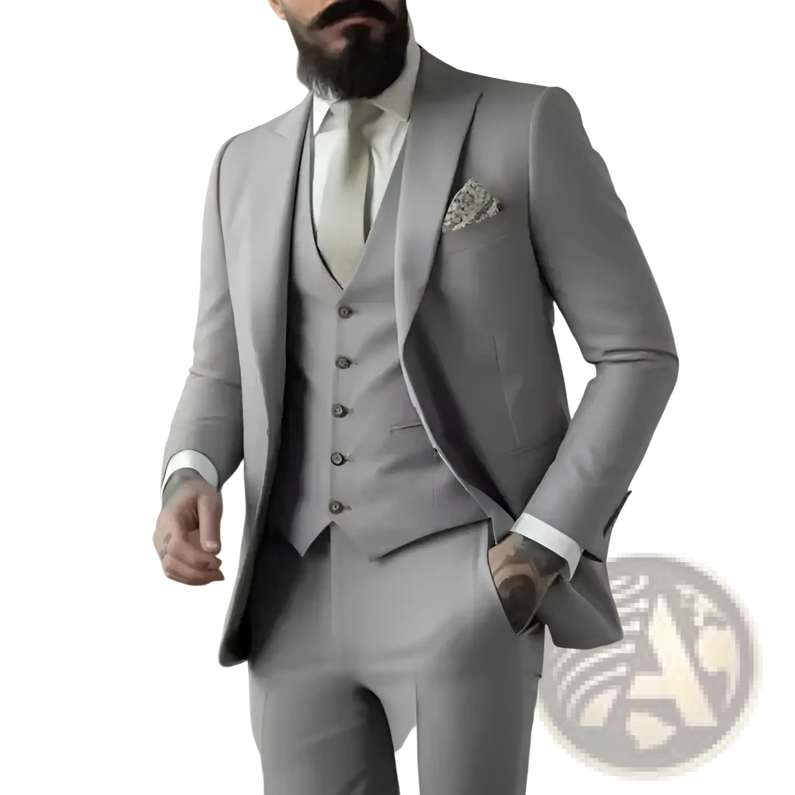 A tailored light sage green three piece suit for men with subtle texture featuring matching vest and trousers