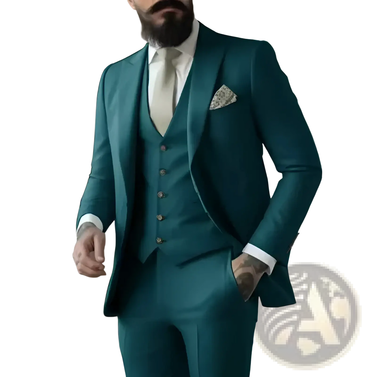 Light sage green three piece suit for men with tailored fit vest and trousers in smooth fabric