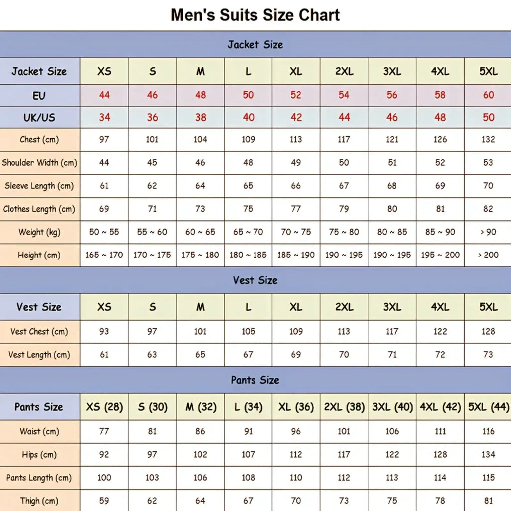 Mens suits size chart showing measurements for jackets vests and pants in light sage green three piece suit for men