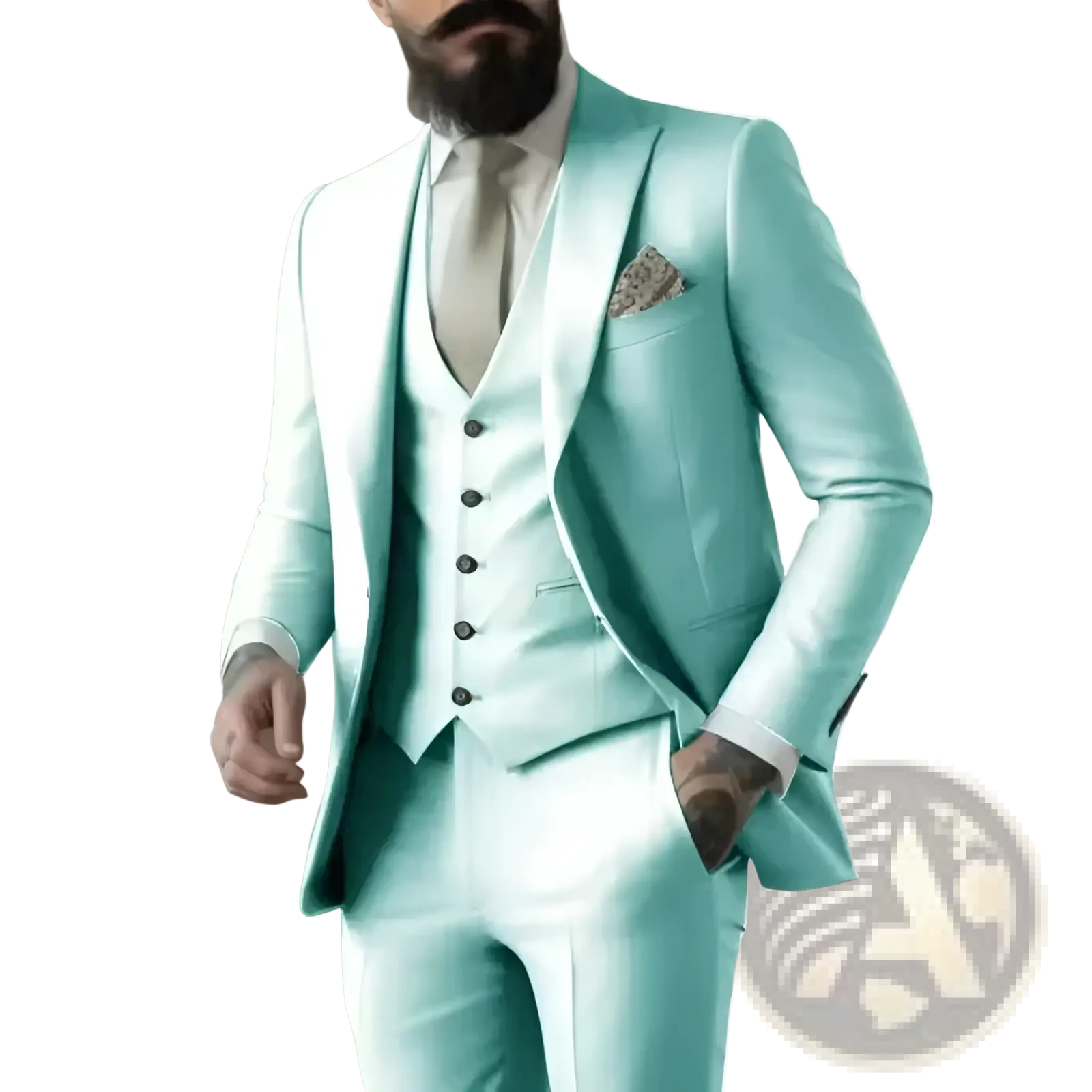 A sleek light sage green three piece suit for men with tailored fit and subtle sheen