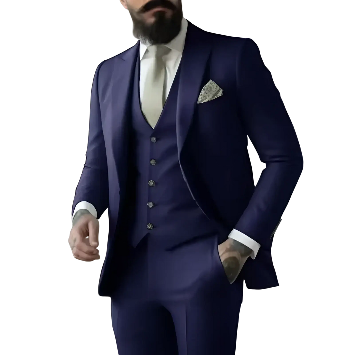 Navy blue three-piece suit for men with matching vest and trousers, silver buttons, and white cuffs, light sage green title