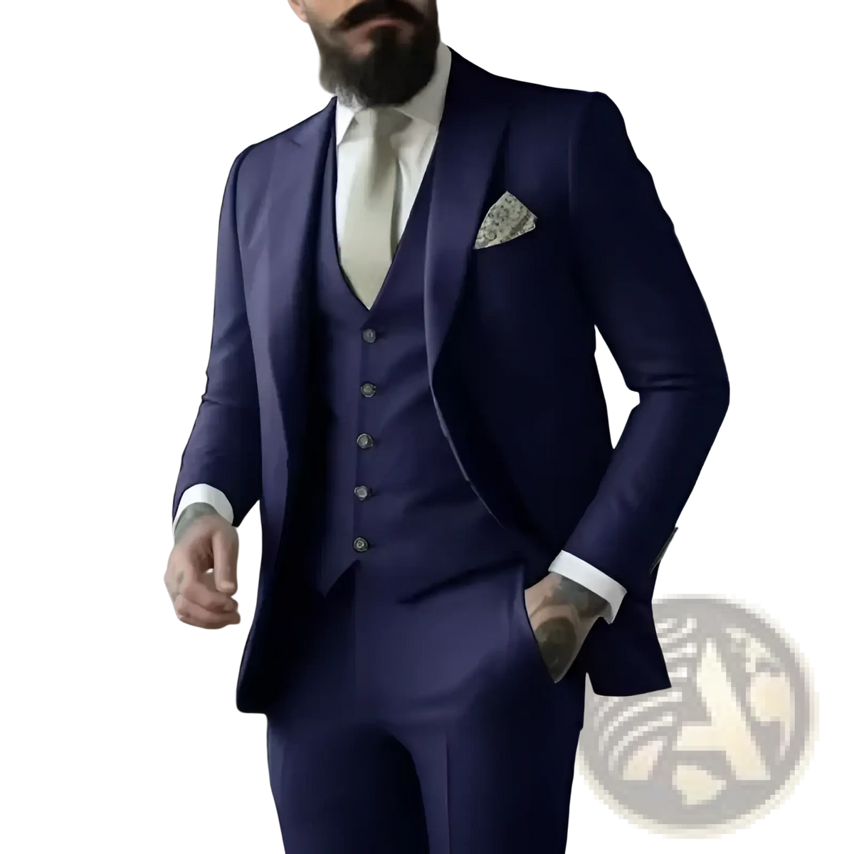 Navy blue three-piece suit for men with matching vest and trousers, silver buttons, and white cuffs, light sage green title