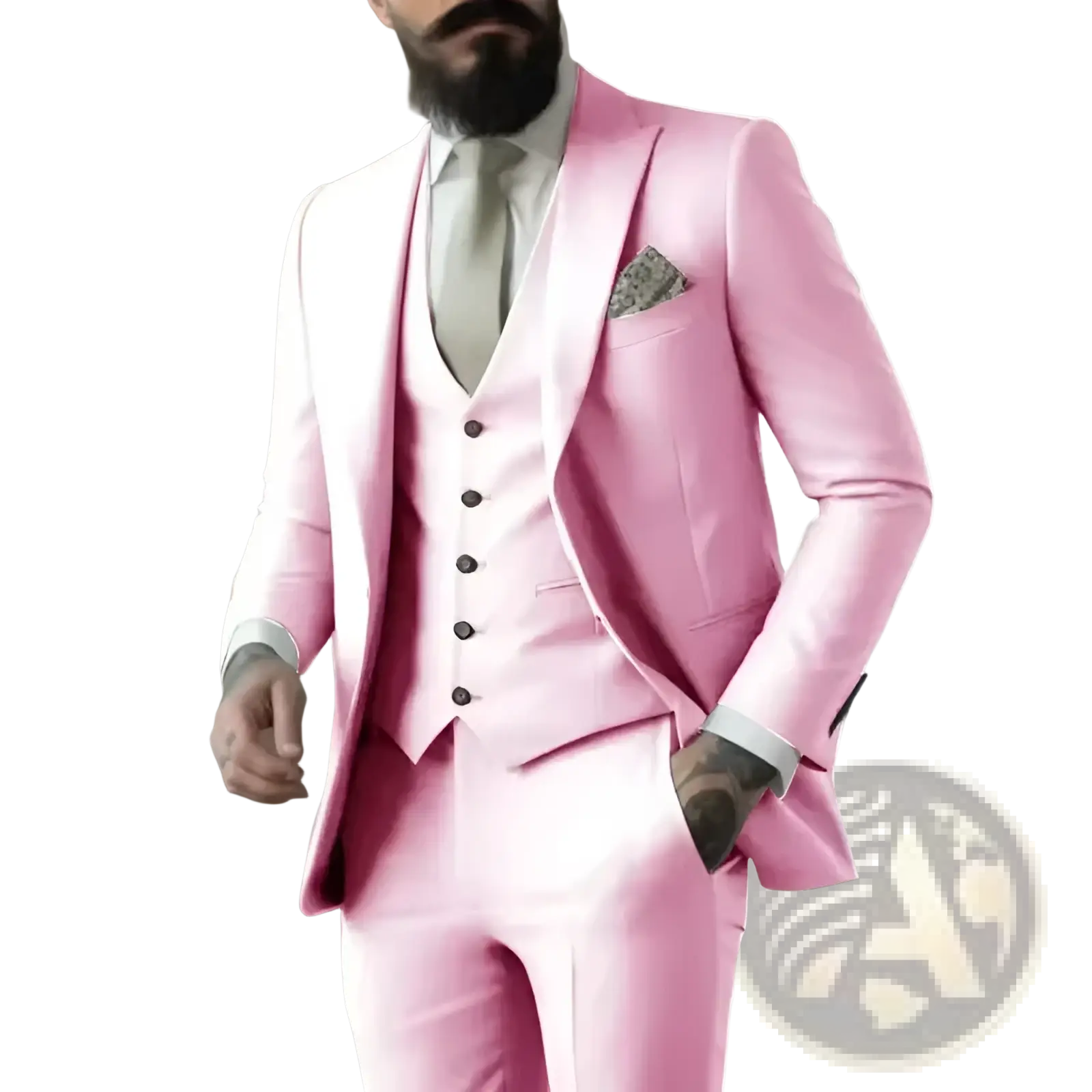 A sleek three-piece pink suit with a tailored fit and matching vest in light sage green for men