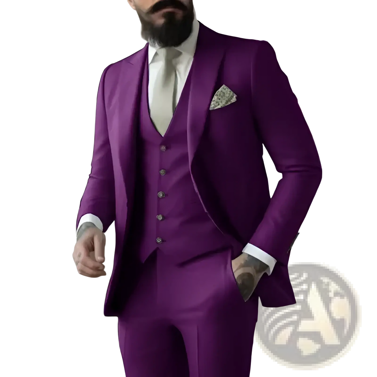 Light sage green three piece suit for men in sharp tailored design with vibrant purple hue matching buttons and white cuffs