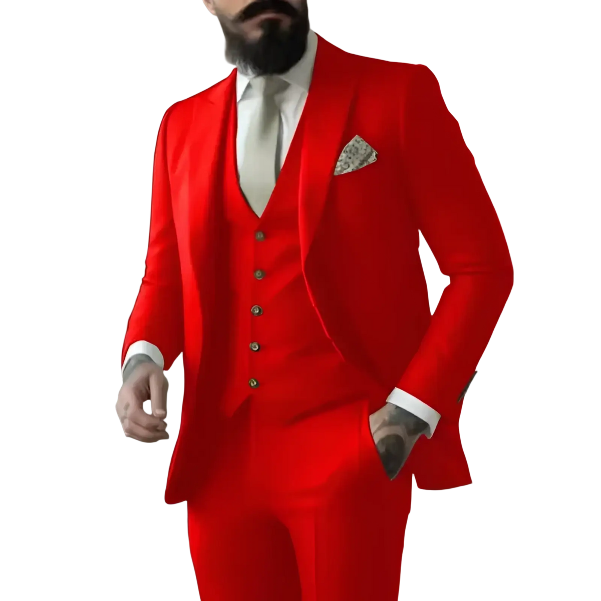 A striking red three-piece suit for men with tailored fit, matching vest and trousers, silver buttons, and white cuffs