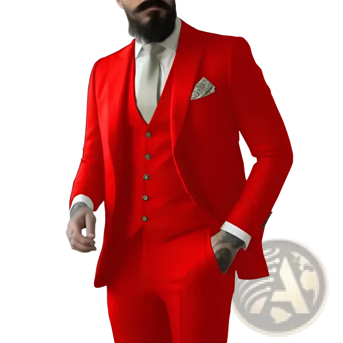 A striking red three-piece suit for men with tailored fit, matching vest and trousers, silver buttons, and white cuffs