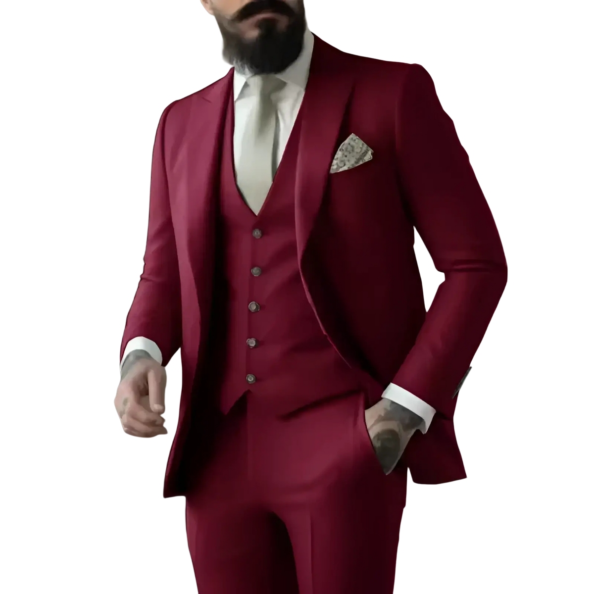 A tailored rich burgundy three-piece suit with matching vest and trousers for formal menswear