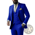 Vibrant royal blue tailored three-piece suit for men with matching vest and trousers accented by gold buttons