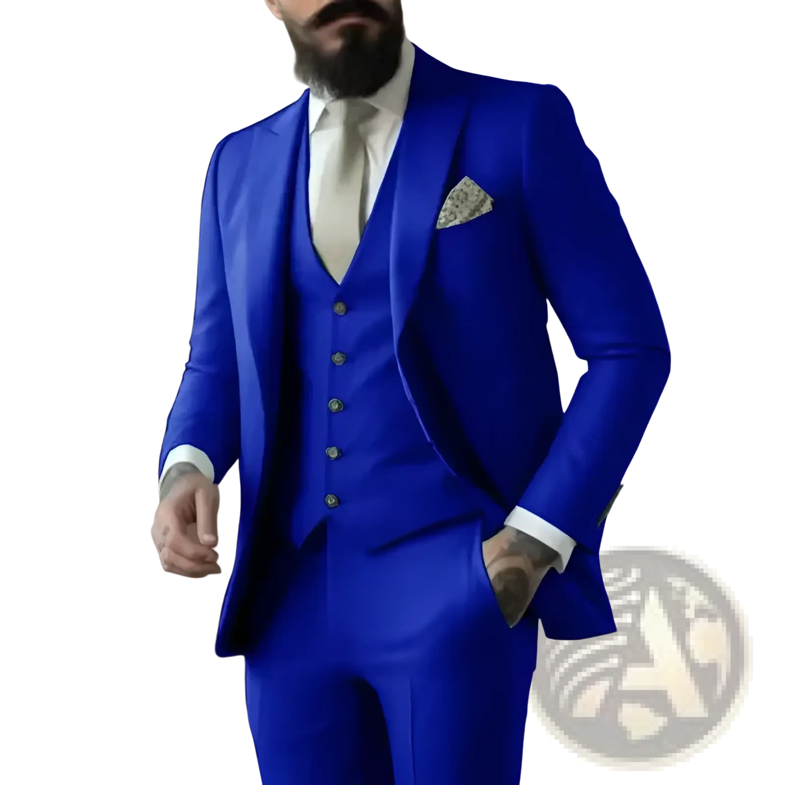 Vibrant royal blue tailored three-piece suit for men with matching vest and trousers accented by gold buttons