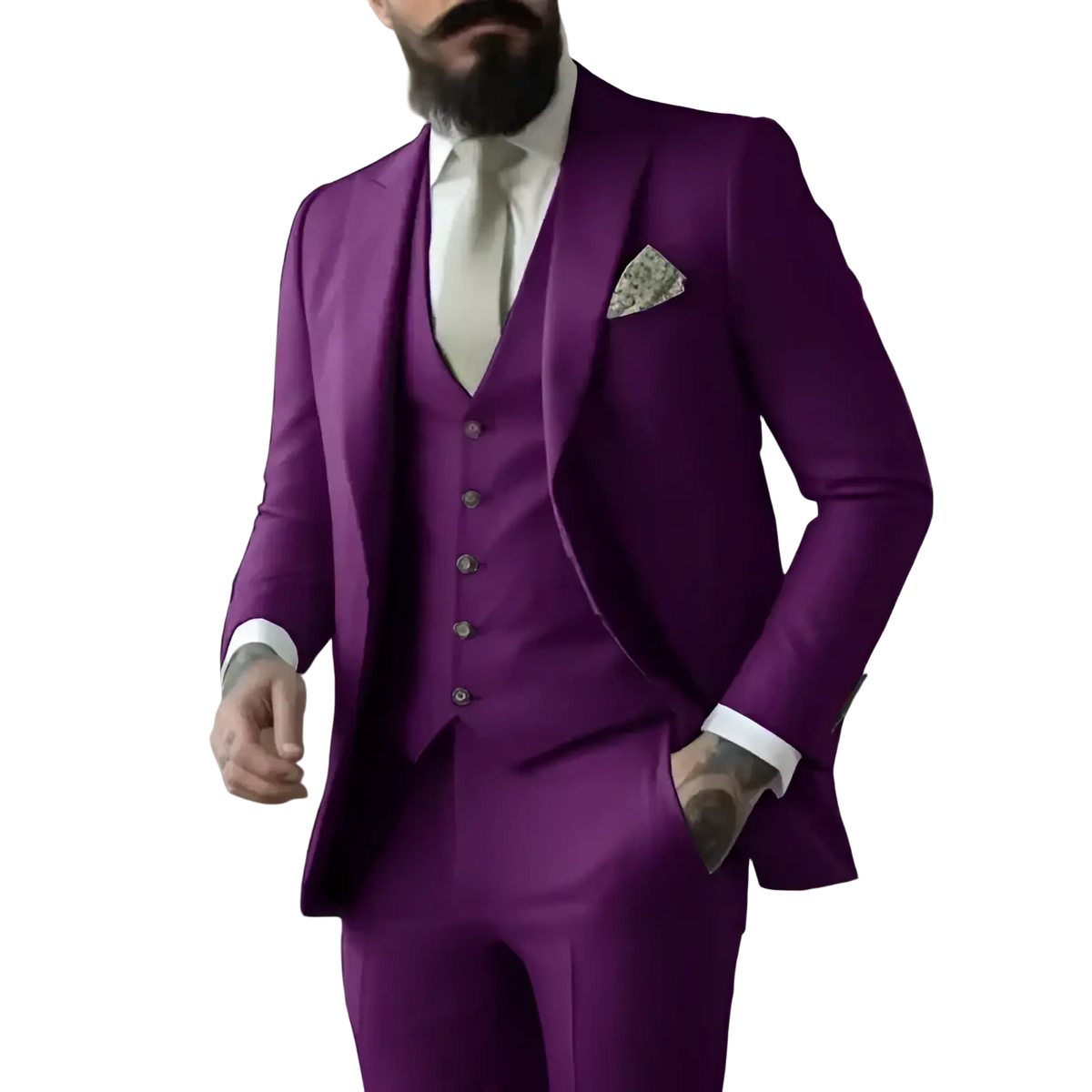 Light sage green three piece suit for men in sharp tailored design with vibrant purple hue matching buttons and white cuffs