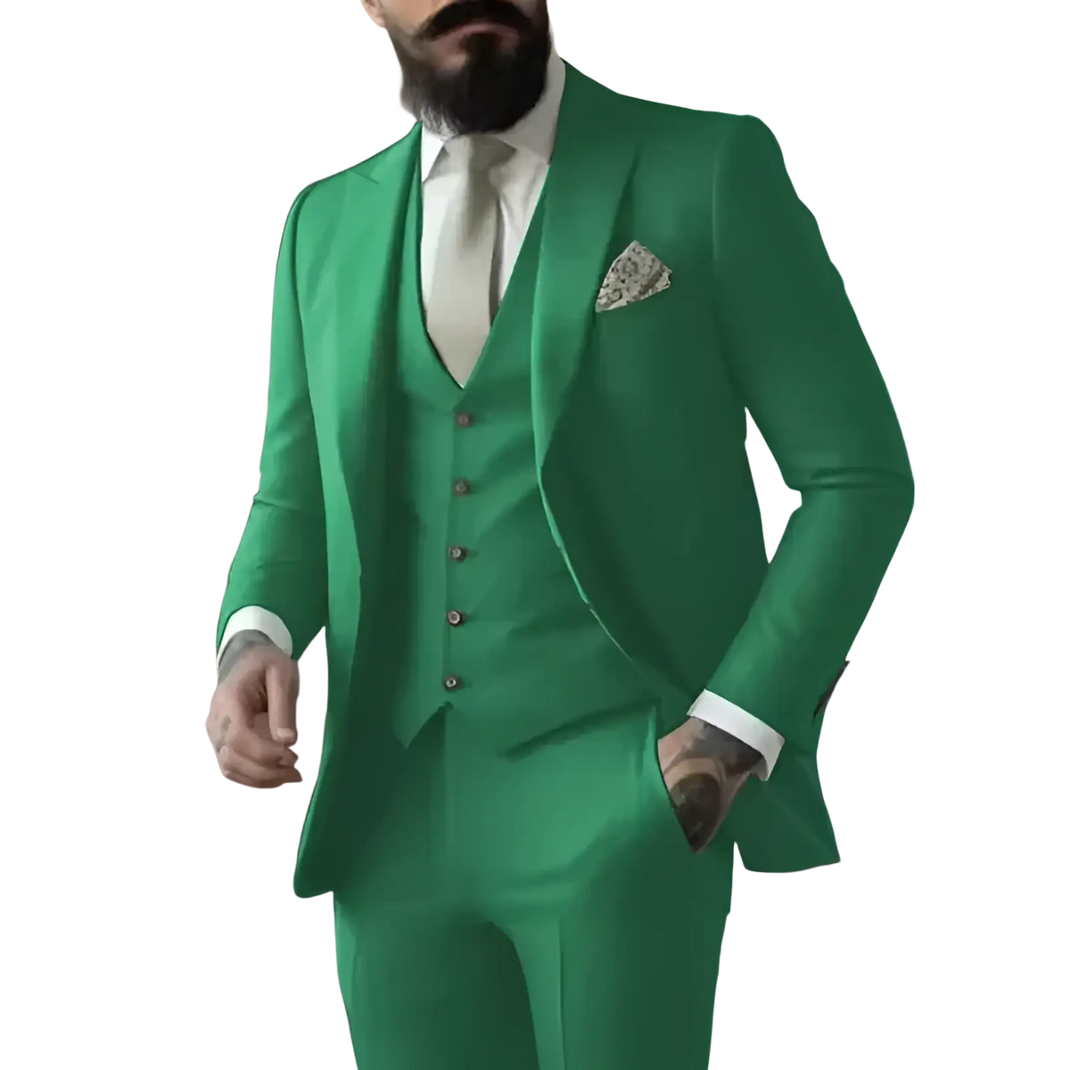 A sharp tailored light sage green three piece suit for men with subtle texture and vibrant finish
