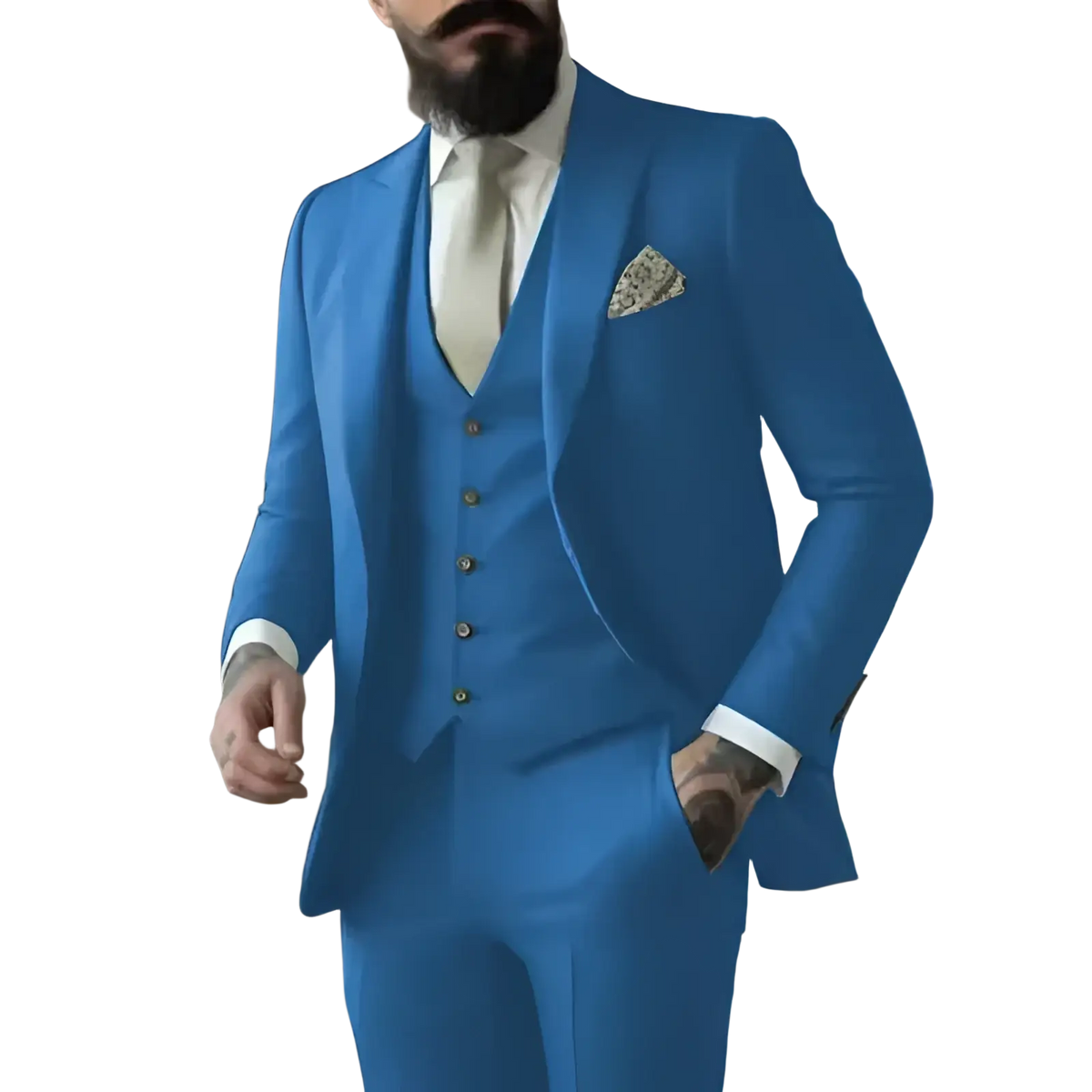 Light sage green three-piece suit for men featuring a tailored fit with sharp vibrant blue fabric and gold-toned buttons